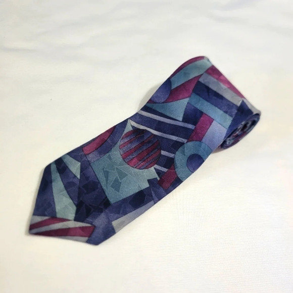 Oscar de la Renta Navy Burgundy Pattern Abstract Silk Tie - Picture 1 of 7